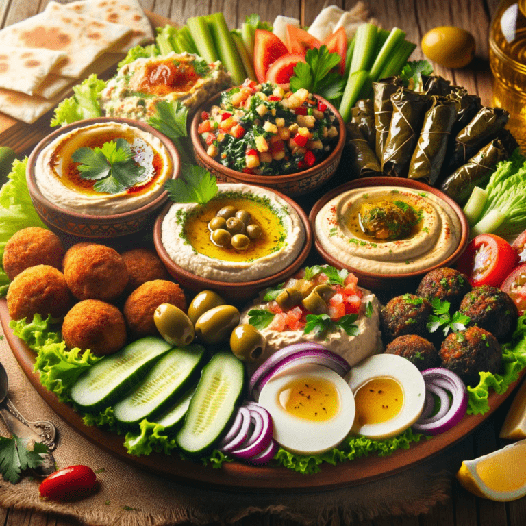 Plateau de mezze libanais traditionnel sur une table rustique, présentant divers petits plats comme le houmous, le taboulé, le baba ganoush, les falafels, les feuilles de vigne farcies et le pain pita, agrémenté d'herbes fraîches, d'olives et de quartiers de citron.