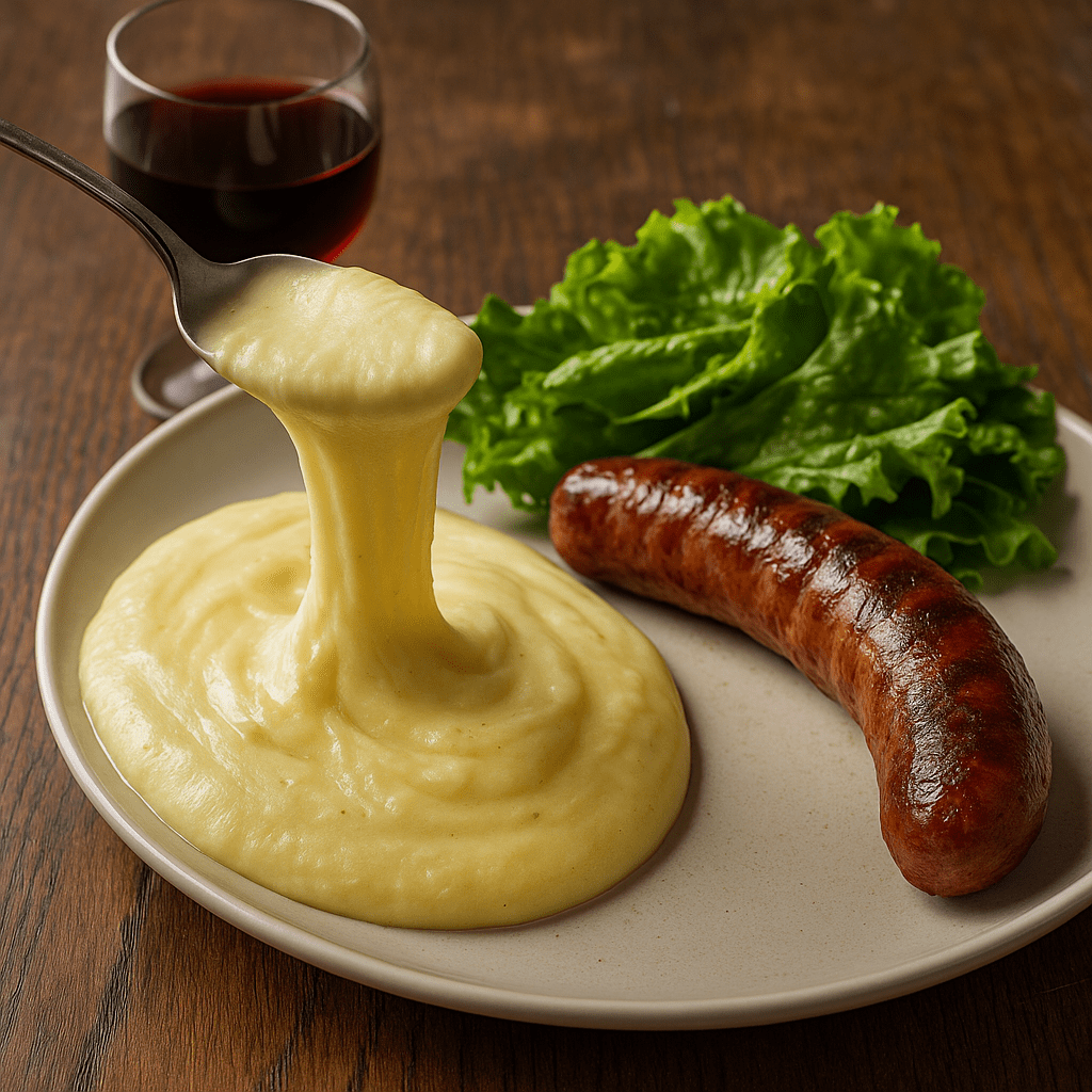 Aligot filant servi dans une assiette avec une saucisse de Toulouse grillée, une salade verte et un verre de vin rouge sur une table en bois