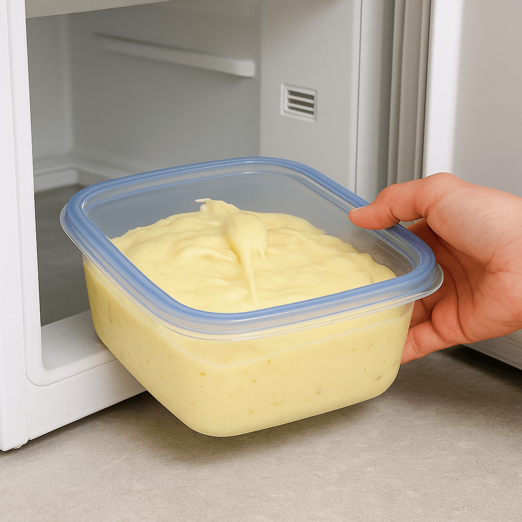 Récipient transparent rempli d’aligot crémeux, tenu par une main avant d’être placé dans un congélateur domestique