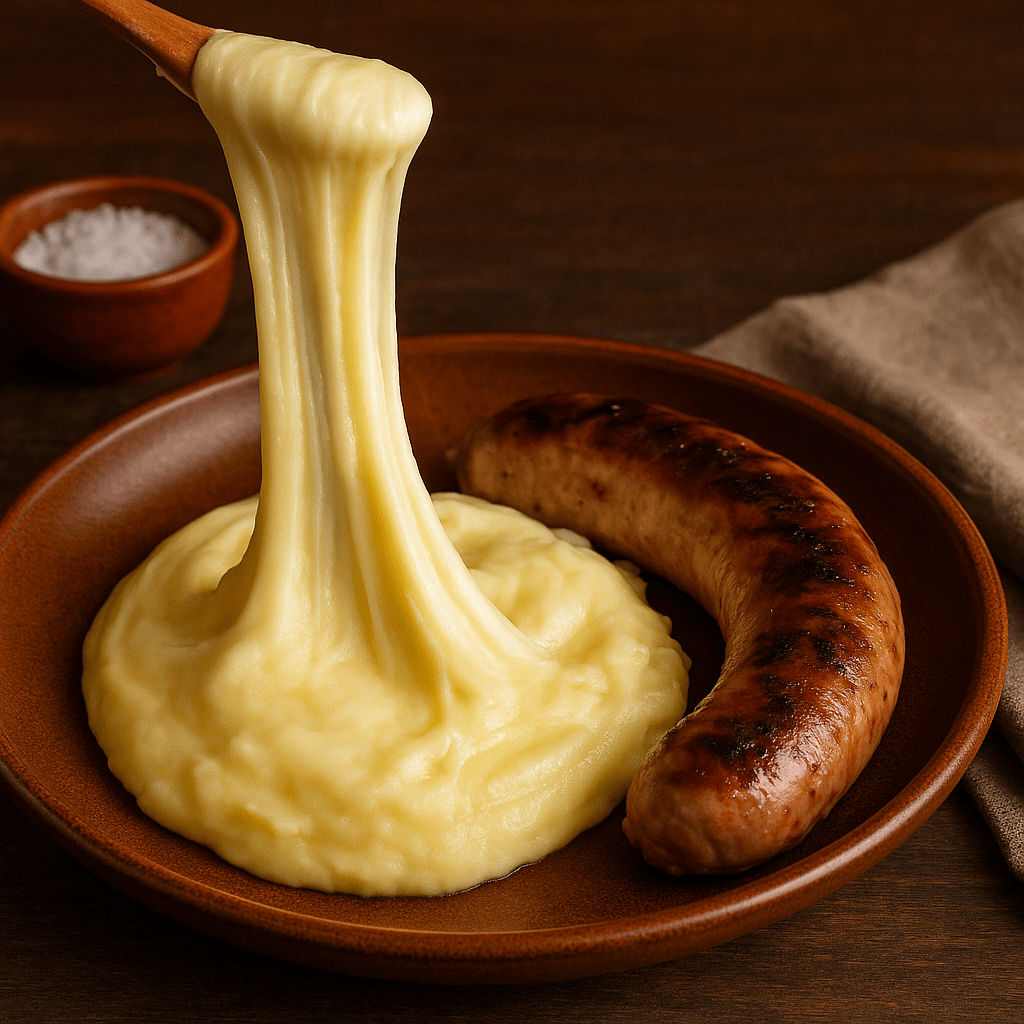 Une assiette avec une aligot filante et une saucisse de Toulouse