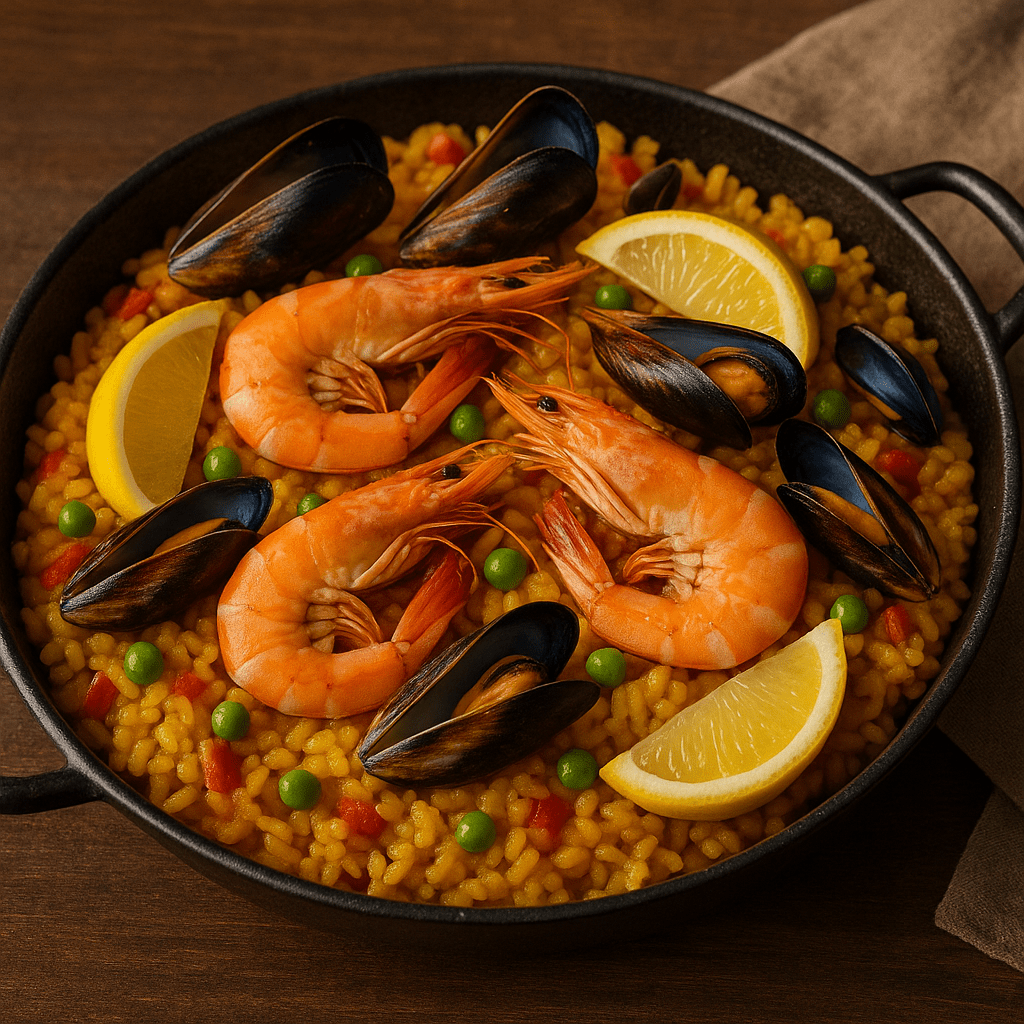 Plat de paella traditionnelle aux fruits de mer, garni de crevettes, moules, petits pois et quartiers de citron, servi dans une poêle noire