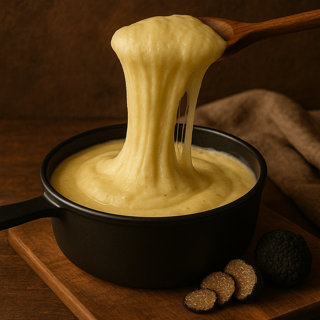 Aligot à la truffe filant, servi dans une cocotte noire en fonte avec des truffes noires fraîches tranchées sur une planche en bois