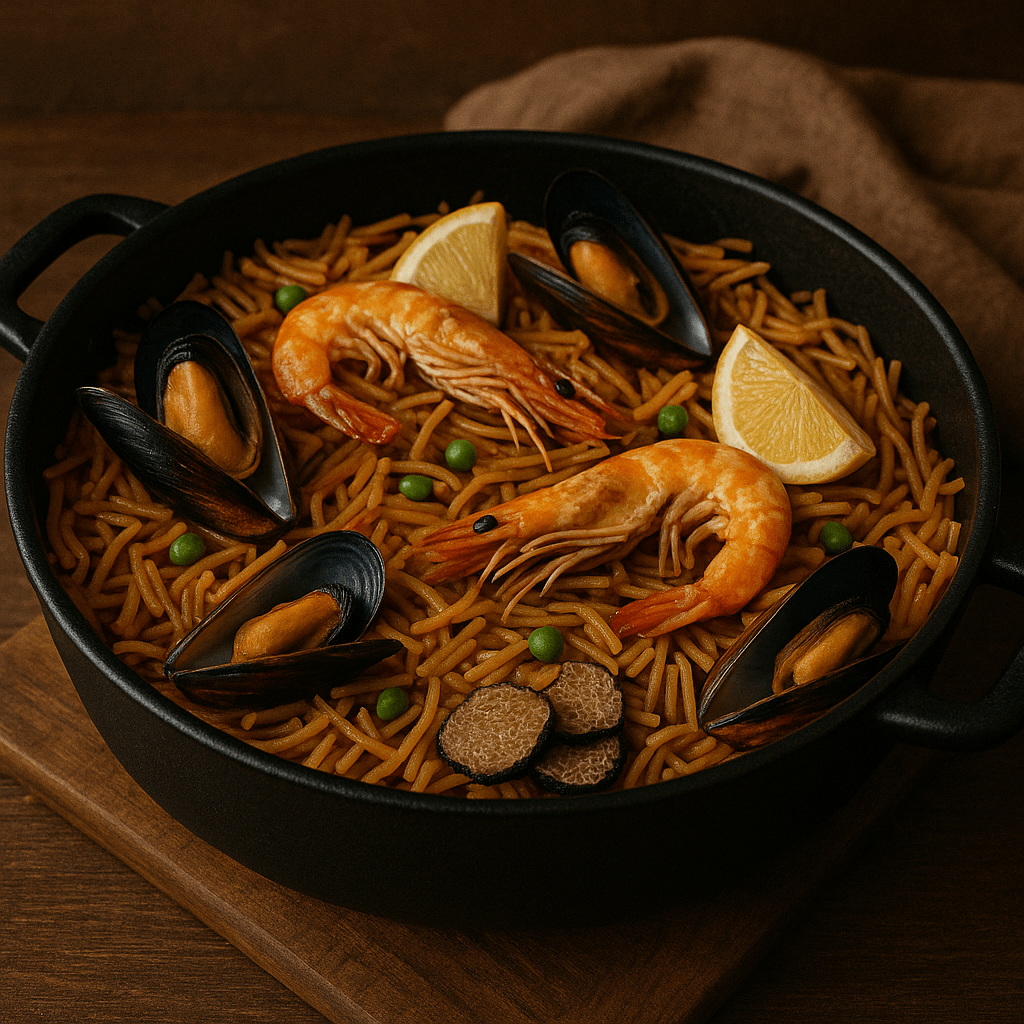 Fideuà espagnole servie dans une poêle en fonte, avec vermicelles dorés, crevettes, moules, petits pois et quartiers de citron