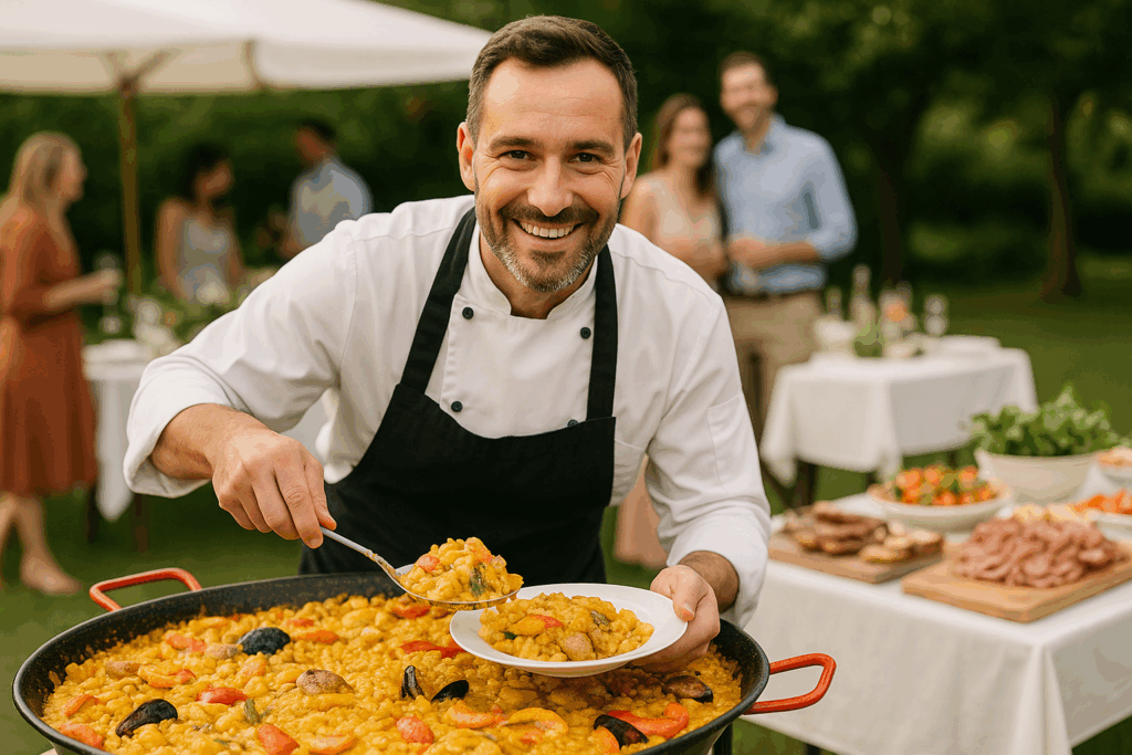 Chef traiteur souriant servant une paëlla géante lors d’un événement convivial à Toulouse, symbole de convivialité et de professionnalisme