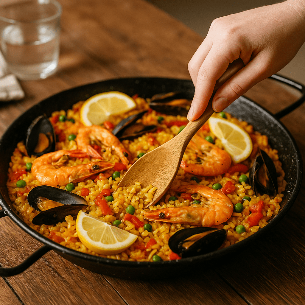 Main remuant une paëlla aux crevettes, moules, poivrons et citrons dans une poêle noire, illustrant les conseils de réchauffage à Toulouse