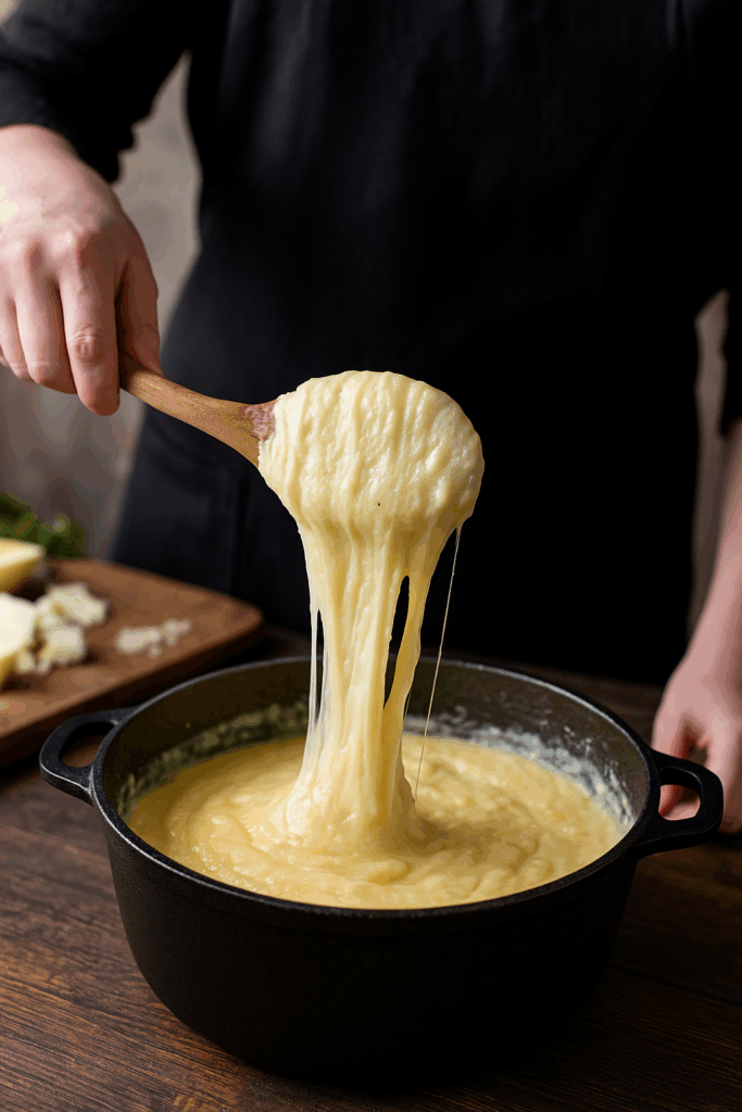 Chef préparant un aligot filant dans une marmite en fonte, avec fromage fondu et pommes de terre pour illustrer la recette traditionnelle de l’Aveyron