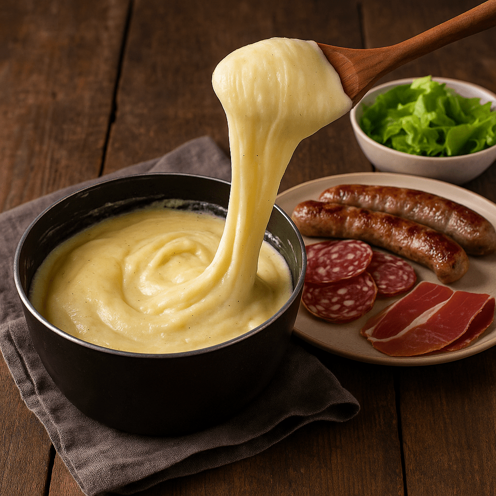Aligot filant servi avec des saucisses grillées de Toulouse, des tranches de charcuterie et une salade fraîche sur une table rustique