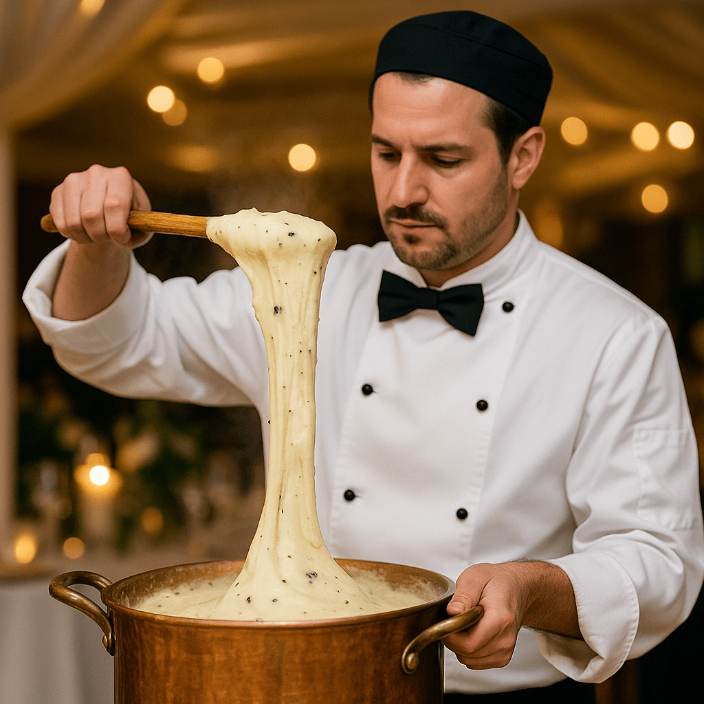 Chef en tenue élégante préparant un aligot filant garni de truffe noire dans un chaudron en cuivre lors d’un événement prestigieux à Toulouse