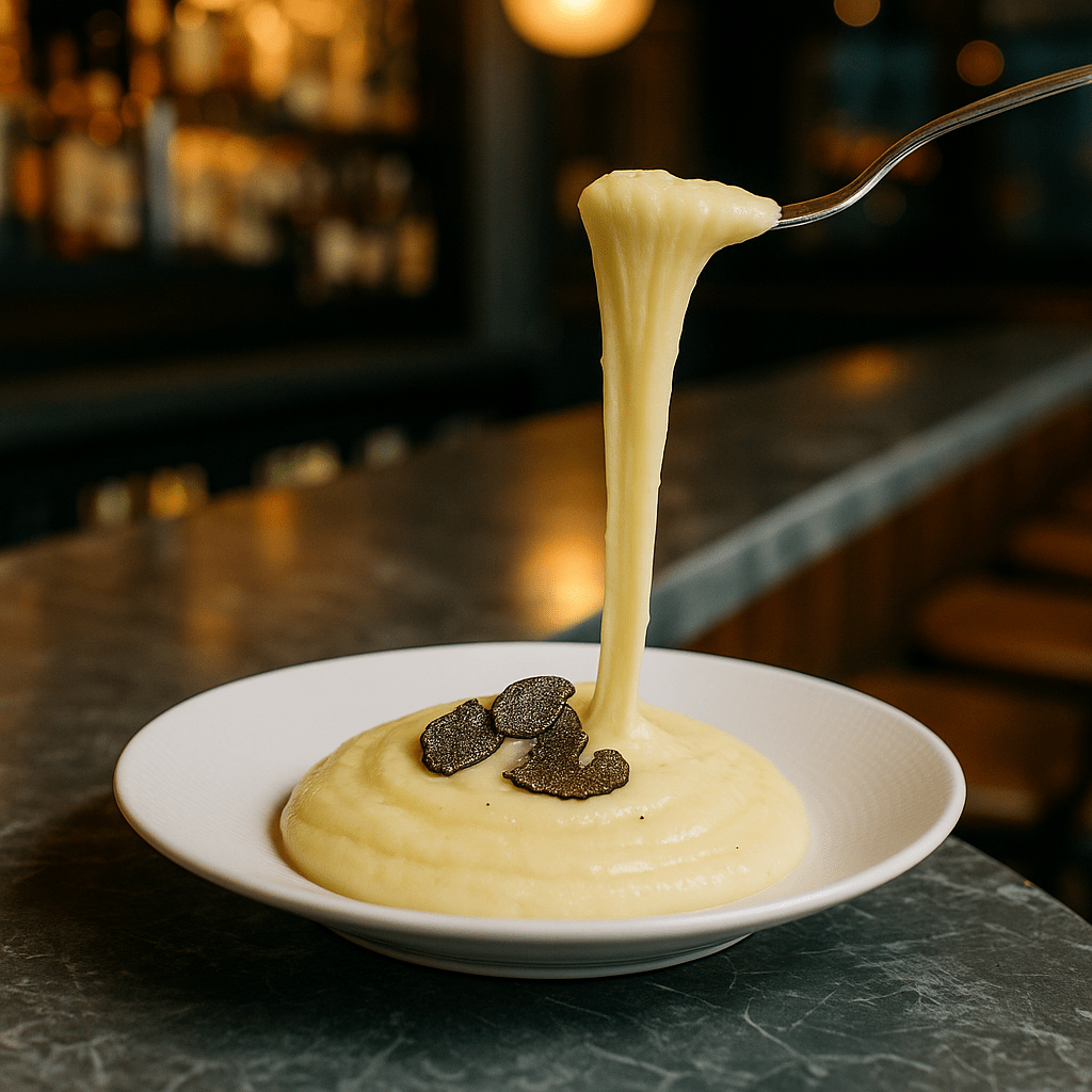Assiette élégante d’aligot filant garni de fines tranches de truffe noire, servie sur un comptoir de bar traiteur à Toulouse