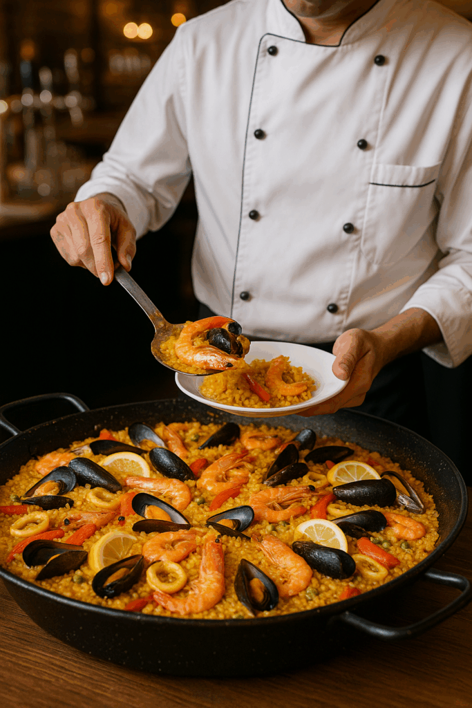 Chef en tenue blanche servant une paella géante au riz safrané avec crevettes, moules, calamars et citrons lors d’un événement à Toulouse