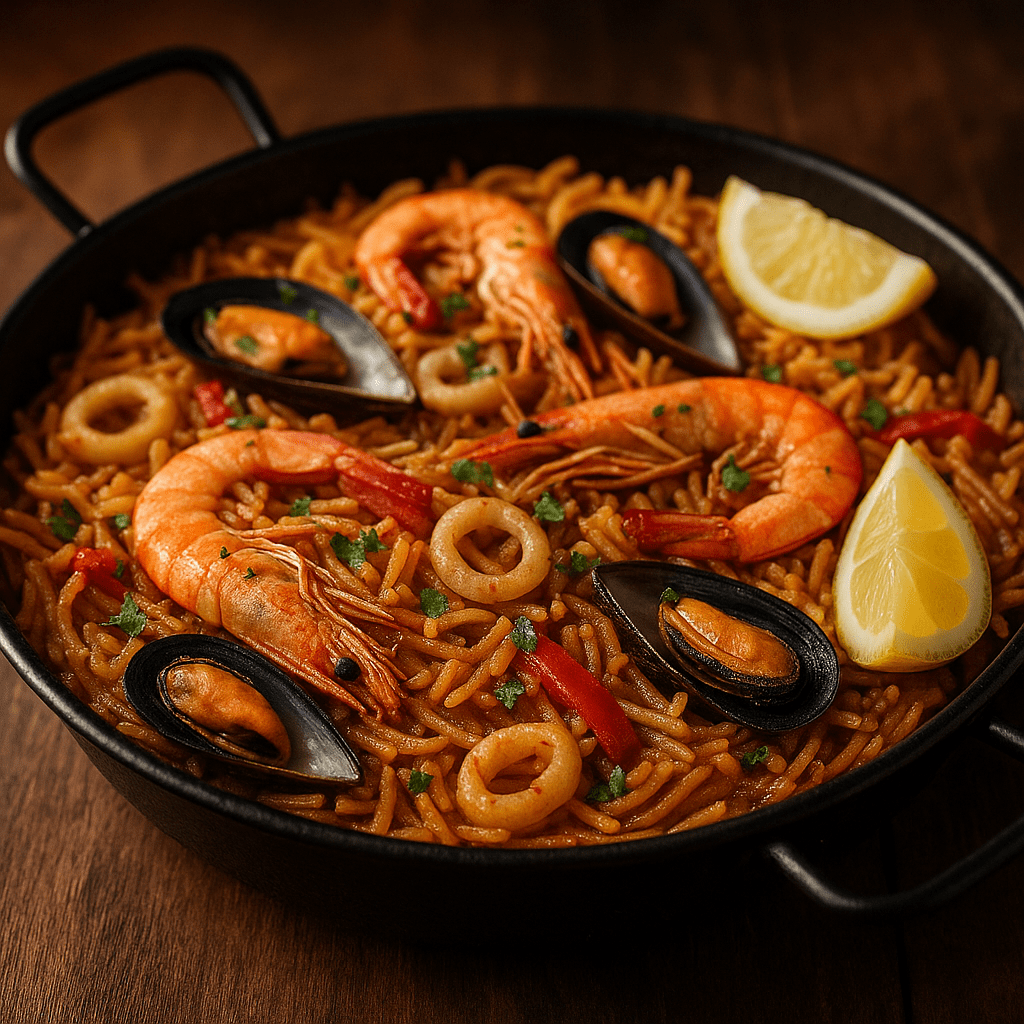 Grande poêle de fideuà traditionnelle avec crevettes, moules, calamars, poivrons rouges et quartiers de citron, servie lors d’un événement à Toulouse