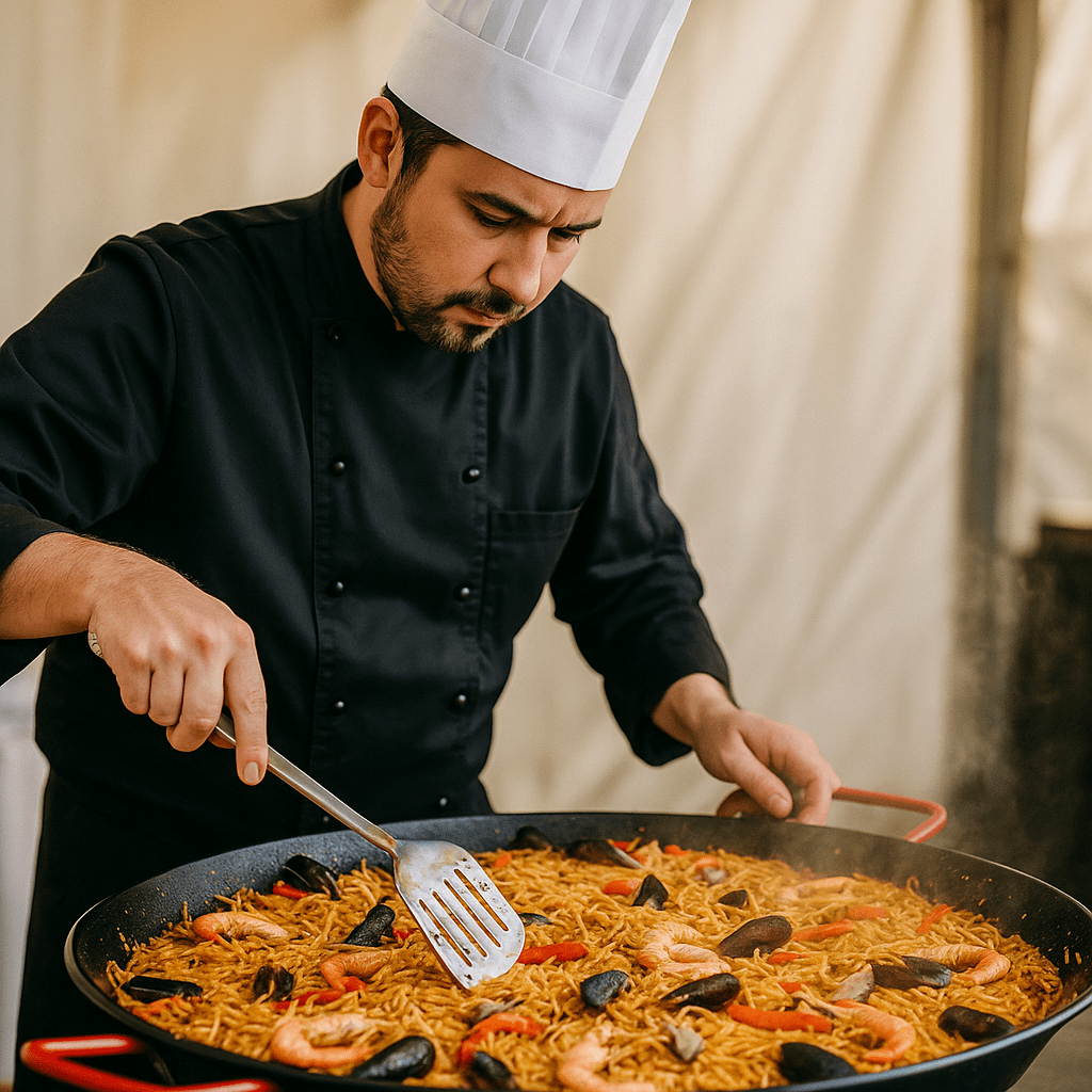 Chef en tenue noire et toque blanche préparant une fideuà géante aux fruits de mer avec crevettes, moules et poivrons dans une grande poêle à Toulouse