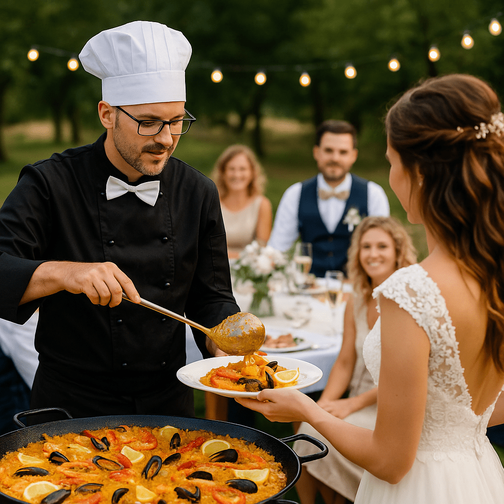 Chef traiteur servant une paella géante à une mariée lors d’un mariage en plein air à Toulouse, devant des convives attablés sous des guirlandes lumineuses