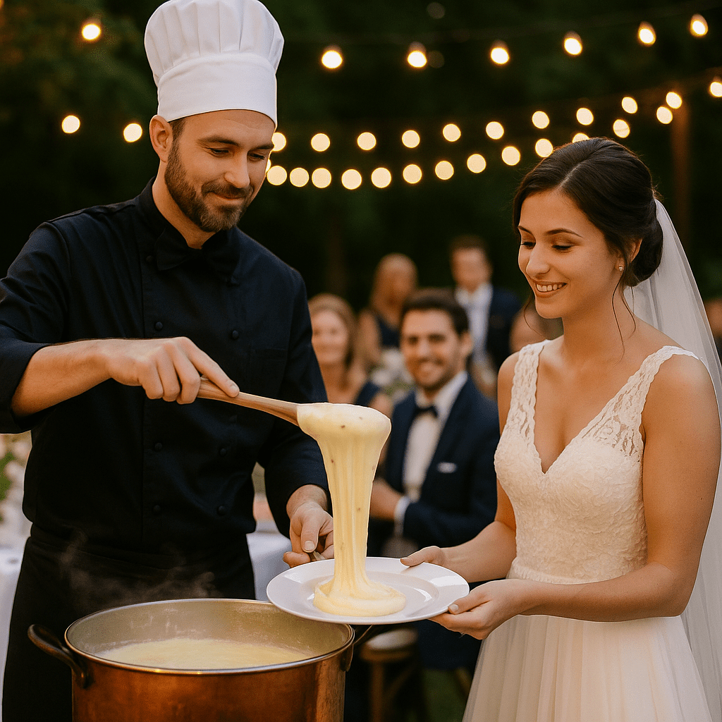Chef traiteur servant un aligot filant depuis un chaudron en cuivre à une mariée lors d’un mariage en plein air à Toulouse, sous des guirlandes lumineuses