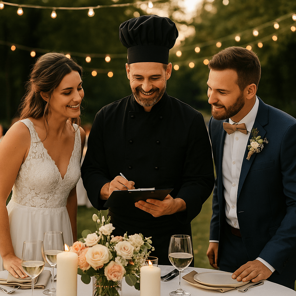 Couple de mariés en discussion avec leur chef traiteur lors d’un mariage en plein air à Toulouse, planifiant l’organisation du repas festif