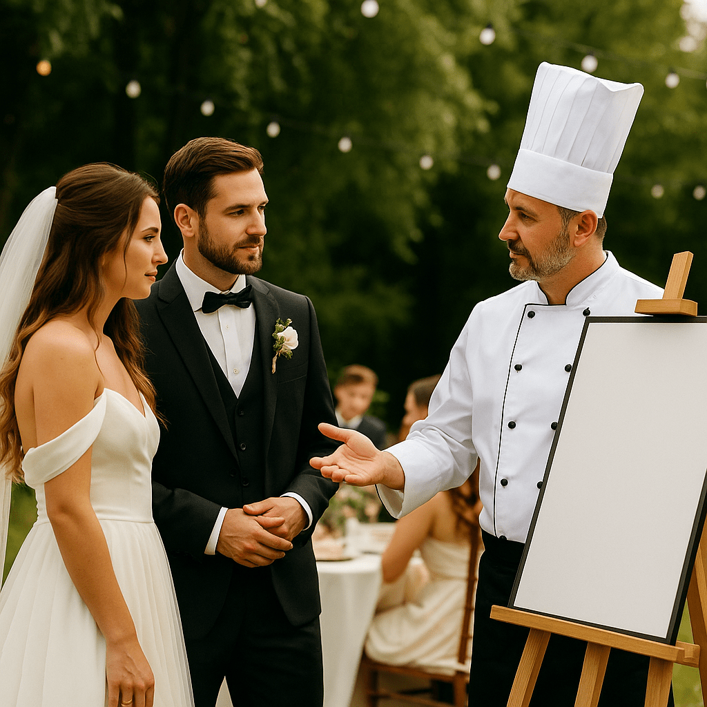 Chef traiteur en extérieur préparant un mariage à Toulouse, avec les mariés et l’équipe en pleine organisation des différentes étapes de l’événement