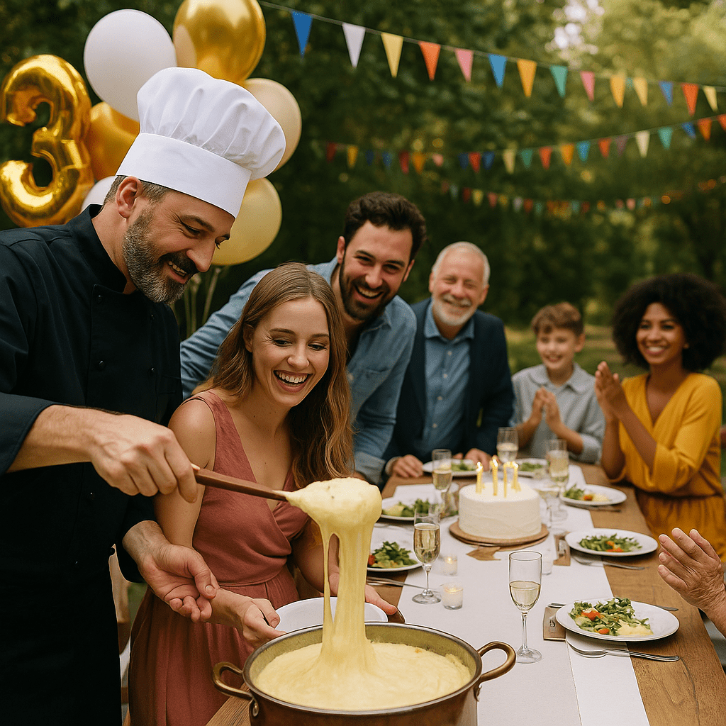 Chef traiteur servant un aligot filant lors d’un repas d’anniversaire en plein air à Toulouse, entouré de convives festifs et d’un gâteau décoré