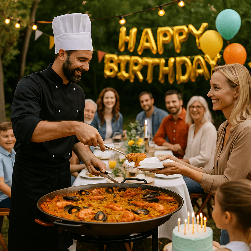 Chef traiteur servant une paella géante à une famille lors d’un anniversaire en plein air à Toulouse, avec ballons, guirlandes et gâteau d’anniversaire
