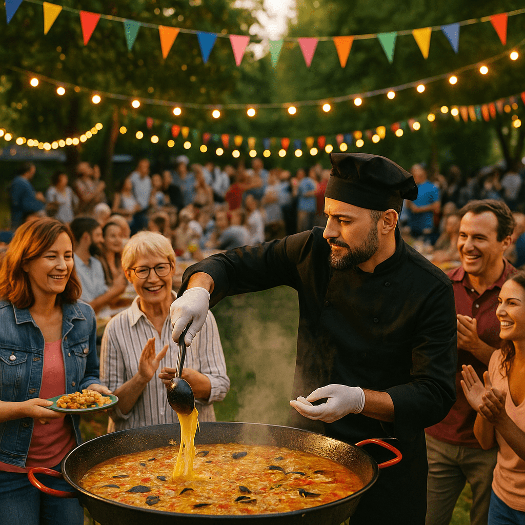 Chef traiteur préparant une paella géante lors d’un comité des fêtes en extérieur à Toulouse, entouré de convives souriants sous guirlandes et fanions colorés