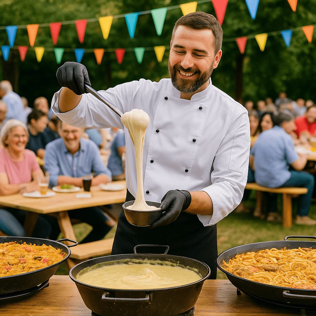 Chef traiteur souriant servant un aligot filant lors d’un repas associatif à Toulouse, entouré de paella et fideuà géantes sous des fanions colorés