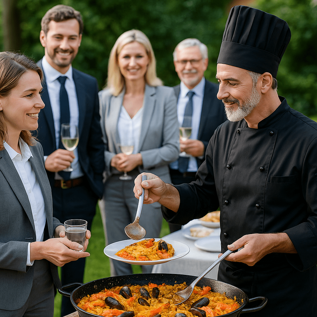Chef traiteur en uniforme noir servant une paella géante aux fruits de mer à une professionnelle lors d’un repas d’entreprise en extérieur à Toulouse