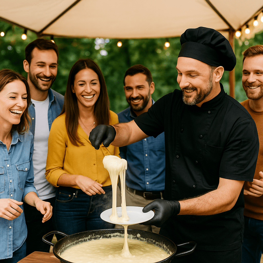 Chef traiteur servant un aligot filant lors d’un team building en extérieur à Toulouse, entouré de collègues souriants en tenue décontractée