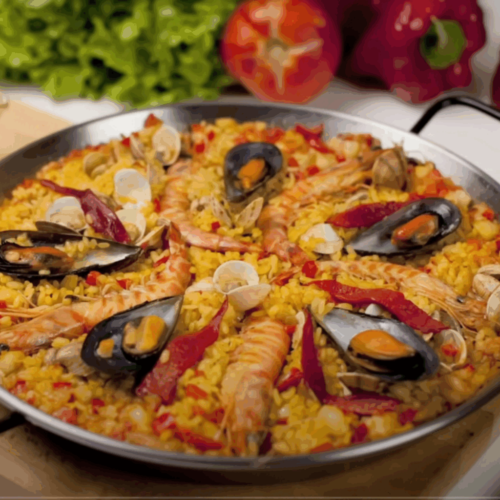Vue d’ensemble des ingrédients nécessaires à une paella de marisco : tomates, poivron rouge, ail, oignon, huile d’olive et fruits de mer disposés sur une table en bois