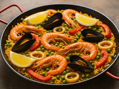 Grande poêle de paella aux crevettes, moules, calamars, poivrons et citrons, préparée par un traiteur à Toulouse