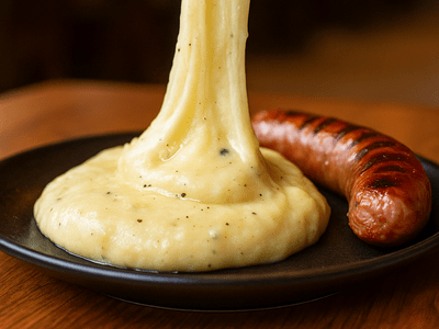 Assiette d’aligot filant servi avec une saucisse grillée, plat traditionnel convivial proposé par un traiteur à Toulouse