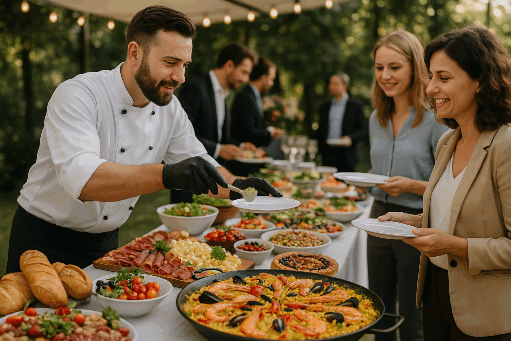 Traiteur à Toulouse servant une paella géante et un buffet varié lors d’un événement convivial en plein air