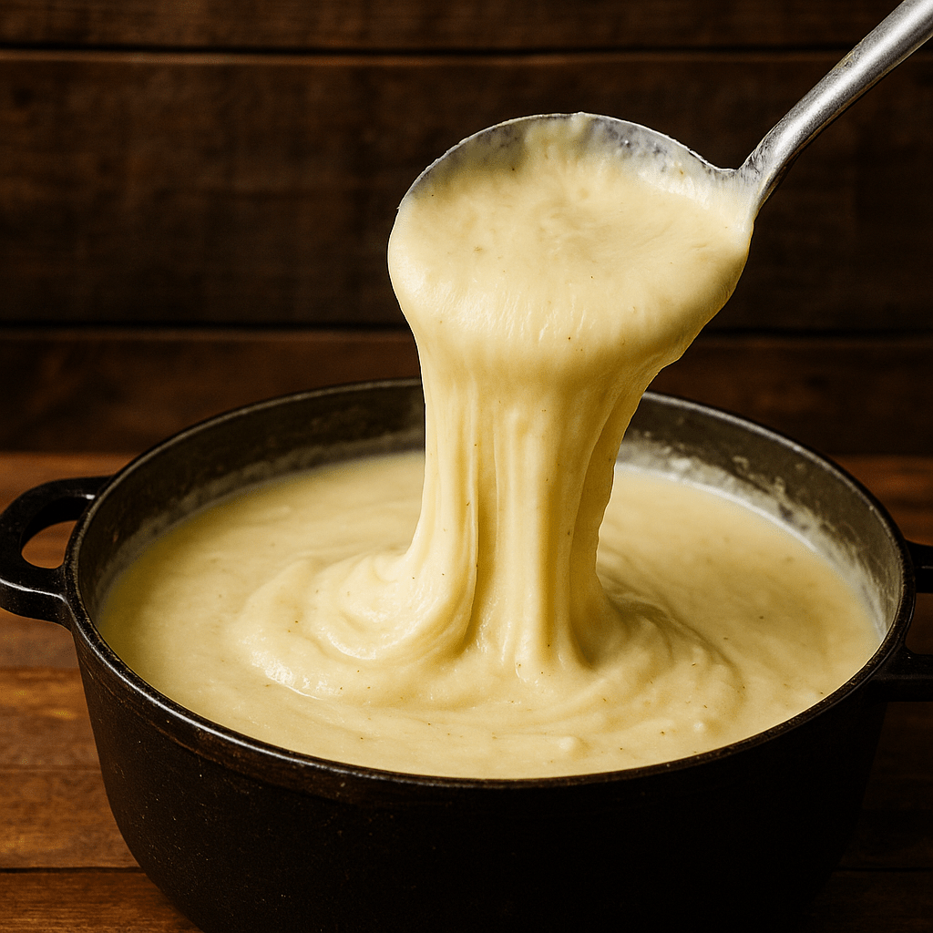Aligot traditionnel filant servi à la louche depuis un chaudron noir en fonte, plat emblématique de l’Aubrac