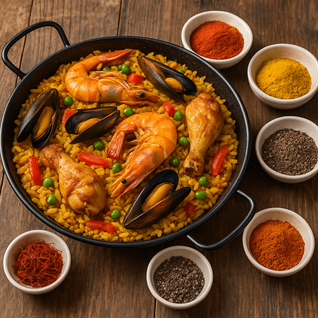Plat de paella colorée avec riz safrané, crevettes, moules, poulet et poivrons, entouré de bols d’épices : safran, paprika, curcuma et poivre noir