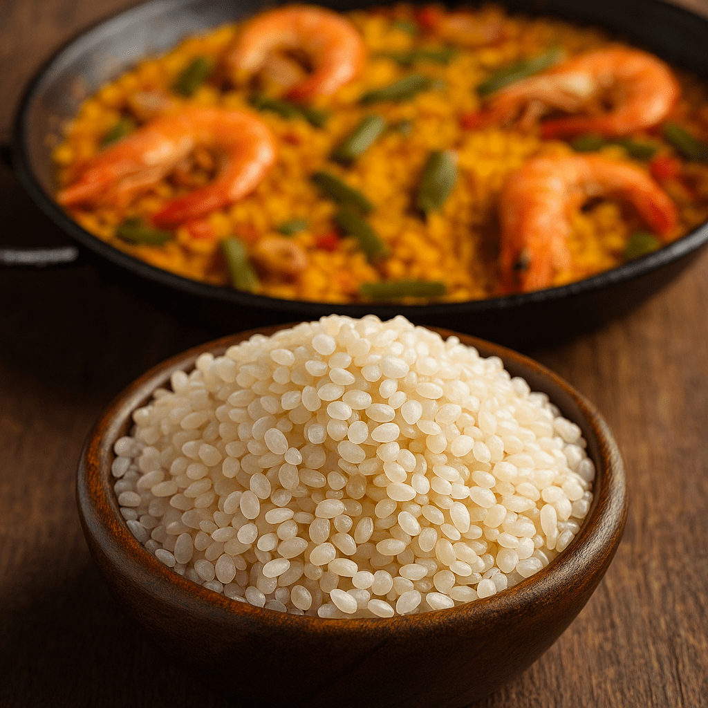 Bol de riz bomba cru en bois sur une table rustique avec une poêle de paella aux crevettes et légumes en arrière-plan