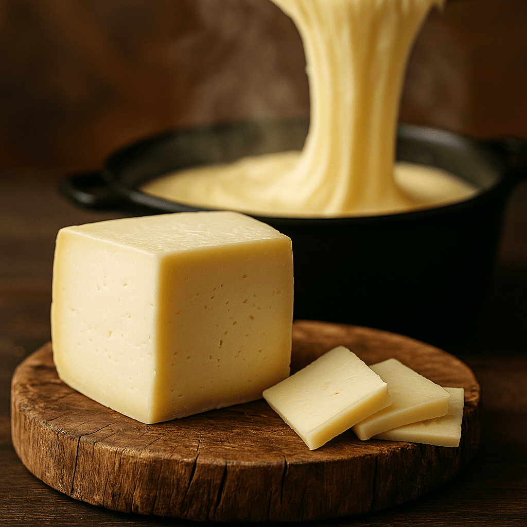 Morceau de tome fraîche de l’Aubrac posé sur une planche en bois avec des tranches coupées, aligot filant dans un chaudron noir en arrière-plan