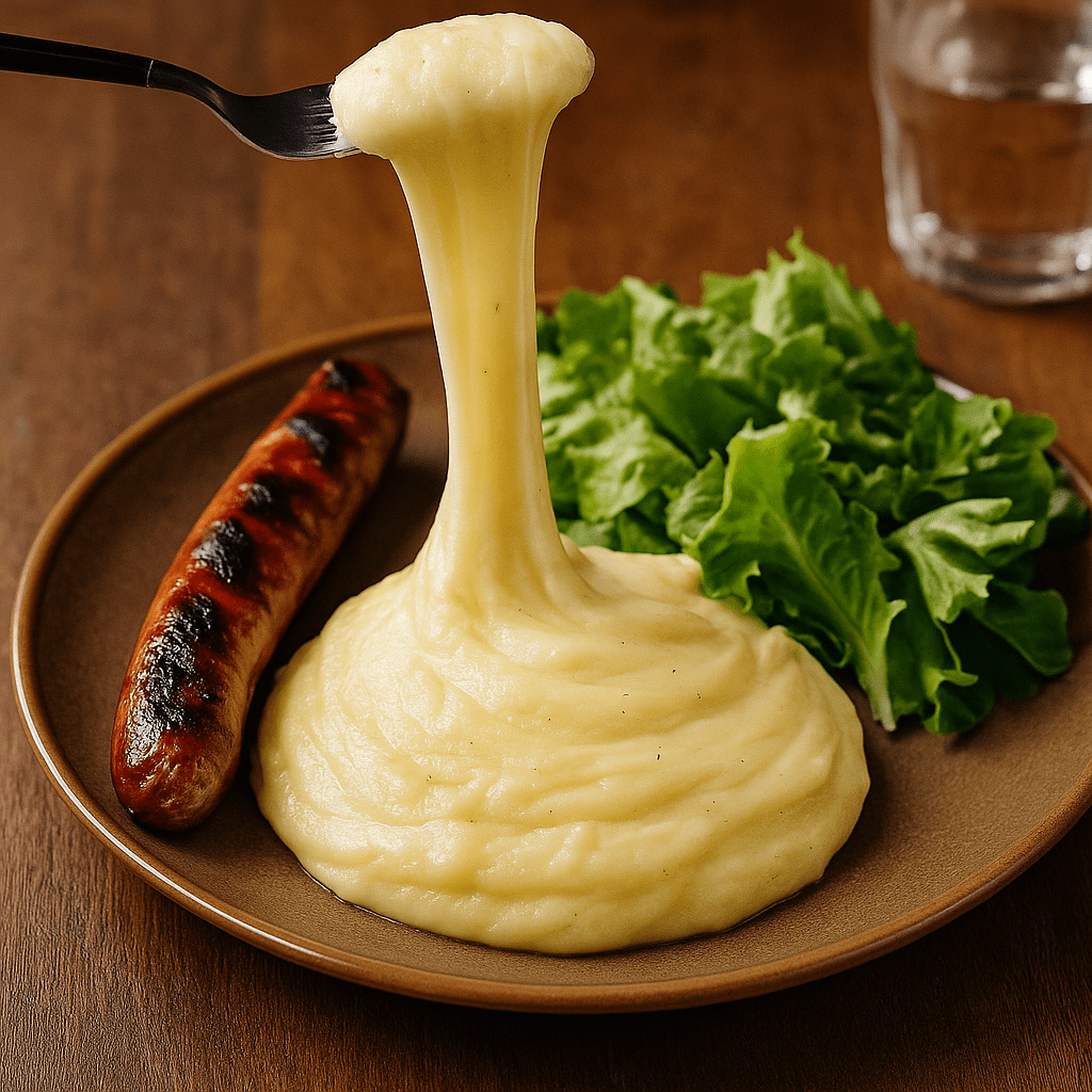 Assiette de cuisine française avec aligot filant, saucisse grillée de Toulouse et salade verte fraîche, servie sur une table en bois rustique