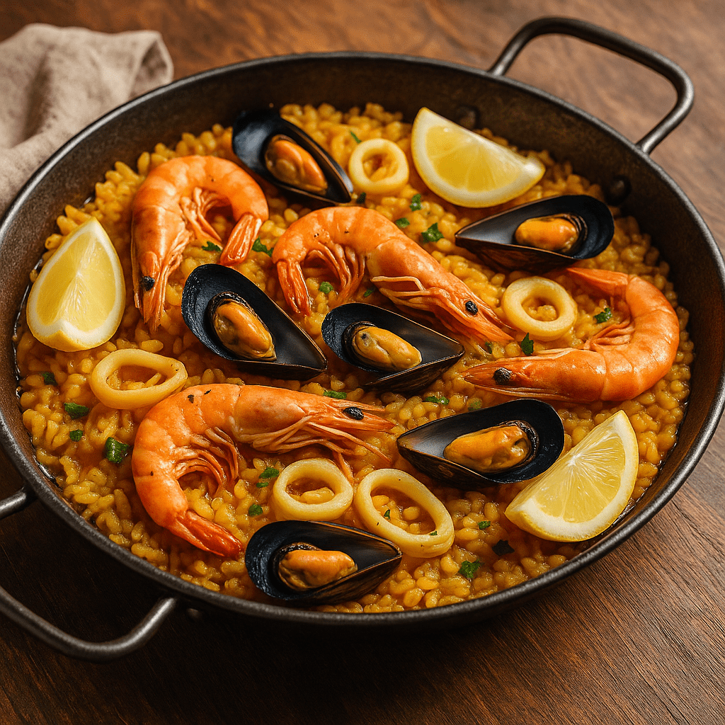 Poêle traditionnelle de paella remplie de riz safrané, crevettes entières, moules ouvertes, calamars et quartiers de citron sur une table en bois rustique