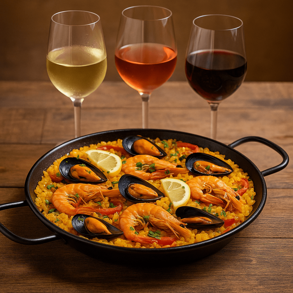 Grande poêle de paella garnie de crevettes, moules et citrons, accompagnée de trois verres de vin blanc, rosé et rouge sur une table en bois
