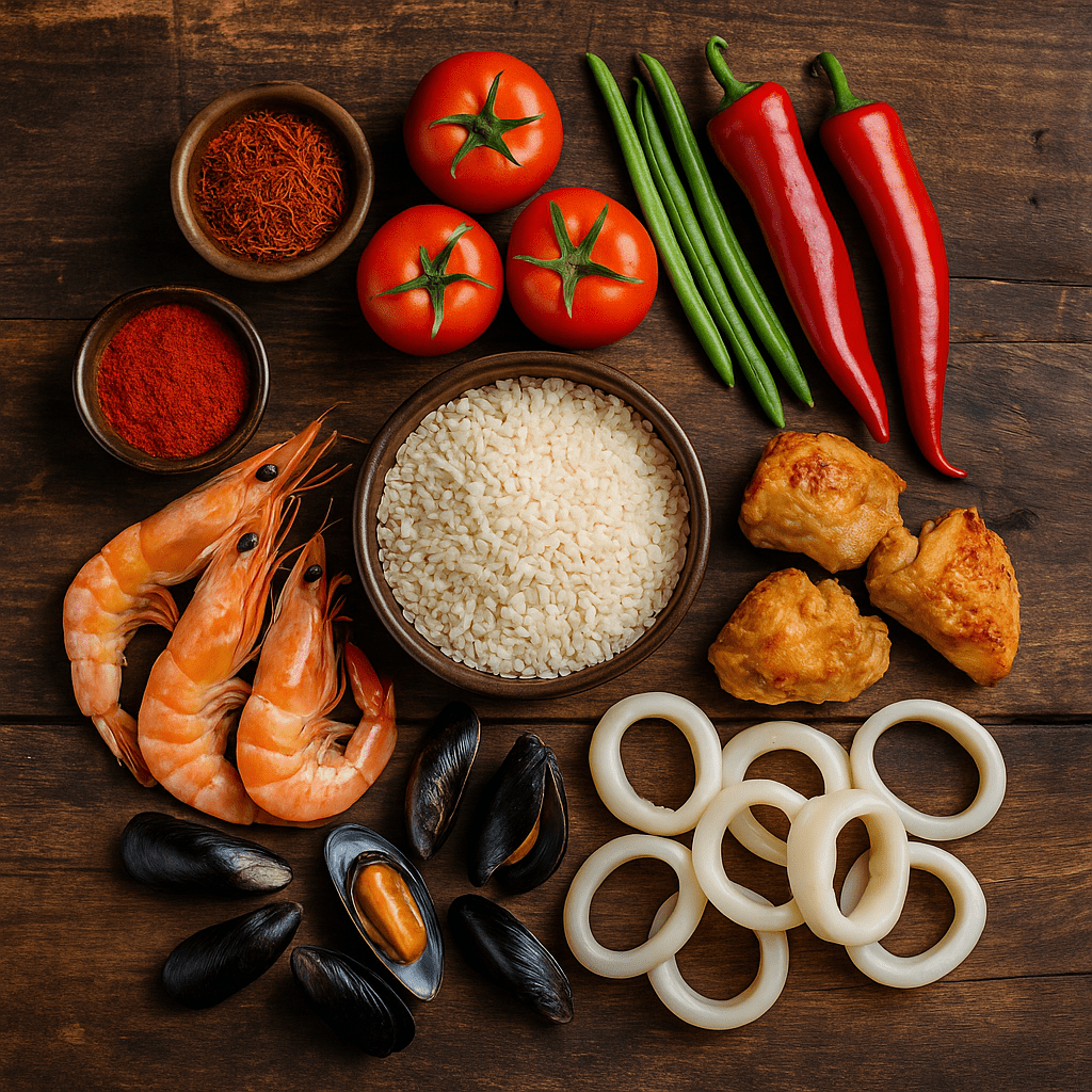 Table en bois avec riz rond, safran, paprika, tomates, poivrons, haricots verts, crevettes, moules, calamars et morceaux de poulet disposés pour une paella