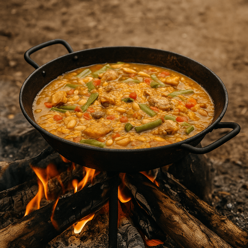 Grande poêle de paella posée sur un feu de bois en extérieur, avec riz safrané, poulet, haricots verts et haricots blancs, préparation rustique espagnole