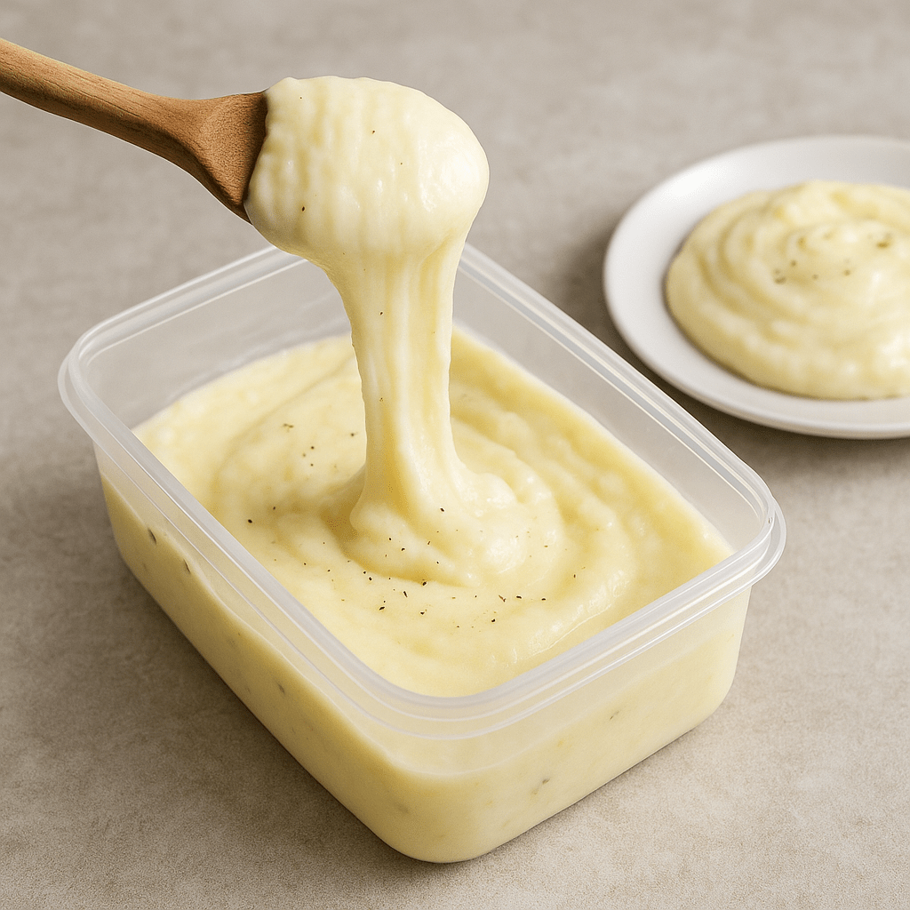 Aligot crémeux et filant dans une boîte de conservation transparente, avec une cuillère en bois soulevant la préparation et une portion servie sur une assiette blanche