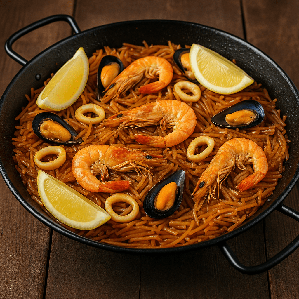 Grande poêle de fideuà espagnole avec nouilles dorées, gambas, moules, calamars et quartiers de citron, servie sur une table en bois