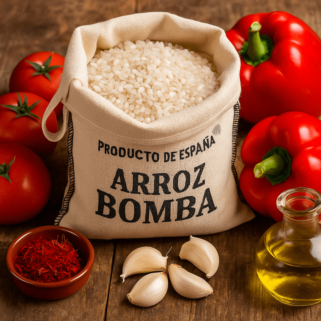 Sac de riz bomba ouvert entouré de tomates, poivrons rouges, safran en pistils, gousses d’ail et bouteille d’huile d’olive sur une table en bois