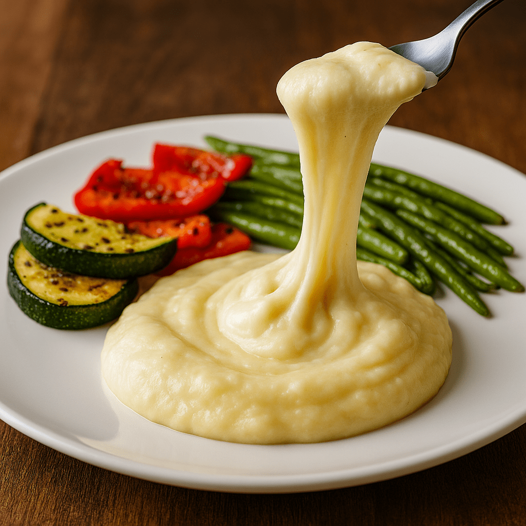 Assiette d’aligot crémeux accompagné de poivrons rouges, courgettes grillées et haricots verts sur une table en bois rustique