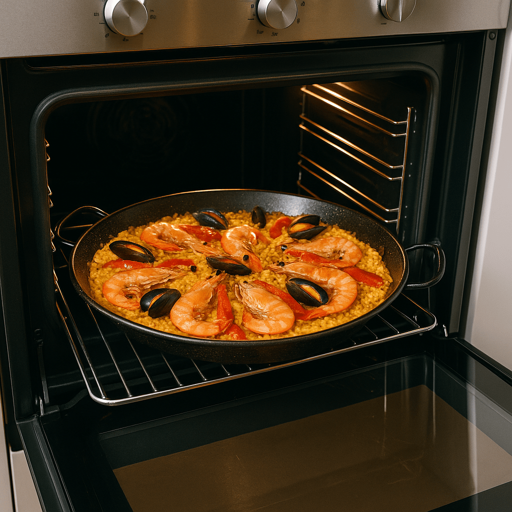 Grande poêle de paella garnie de riz safrané, crevettes, moules et poivrons rouges en train de réchauffer dans un four moderne en inox