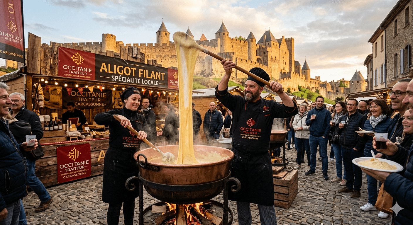 Aligot filant spectaculaire préparé dans un chaudron géant avec l'équipe Occitanie Traiteur en action à Carcassonne
